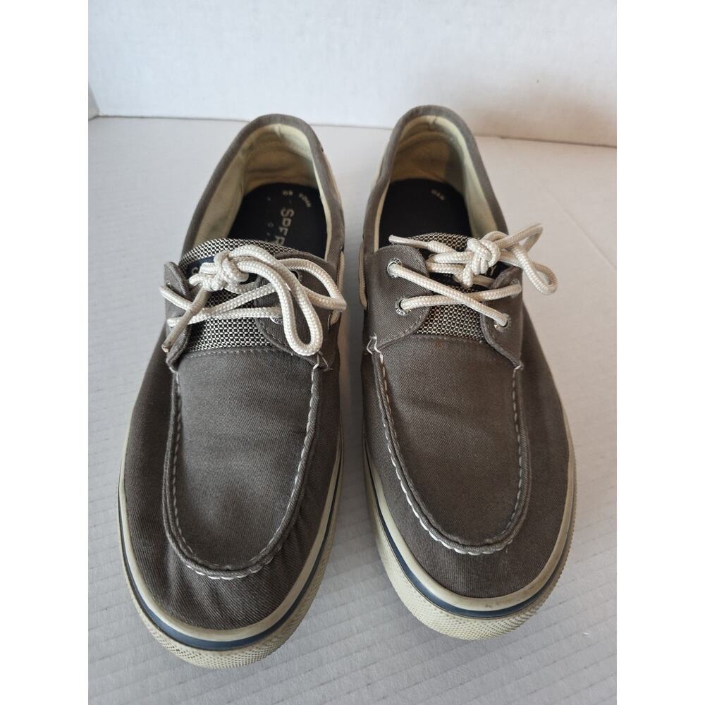 SPERRY Men Boat Shoe Chocolate Color Canvas Tie Closure Sz. 10.5